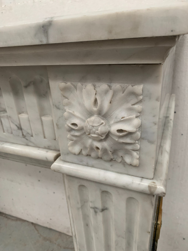 Louis XVI Style Fireplace in White Veined Carrara Marble, 19th Century