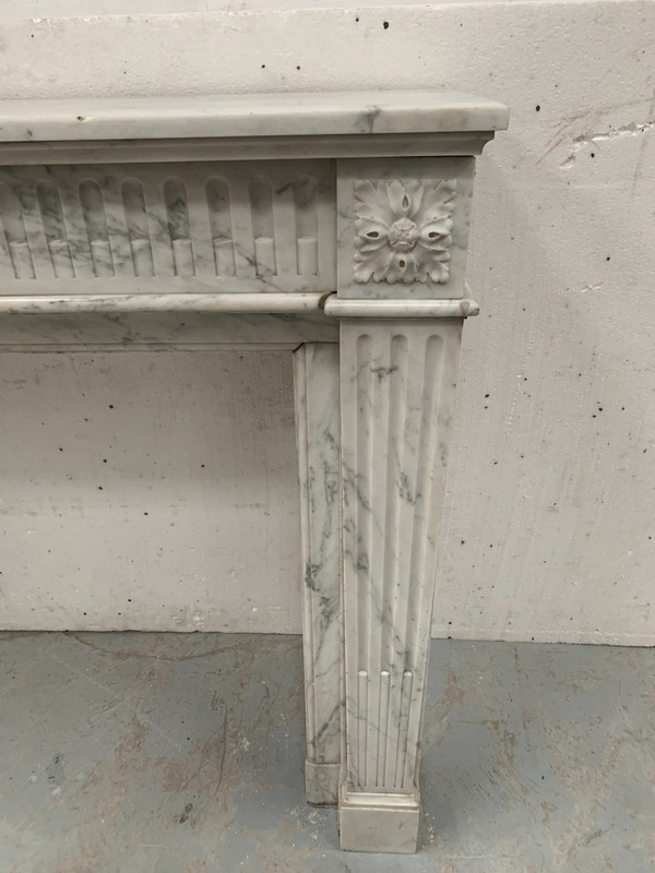 Louis XVI Style Fireplace in White Veined Carrara Marble, 19th Century