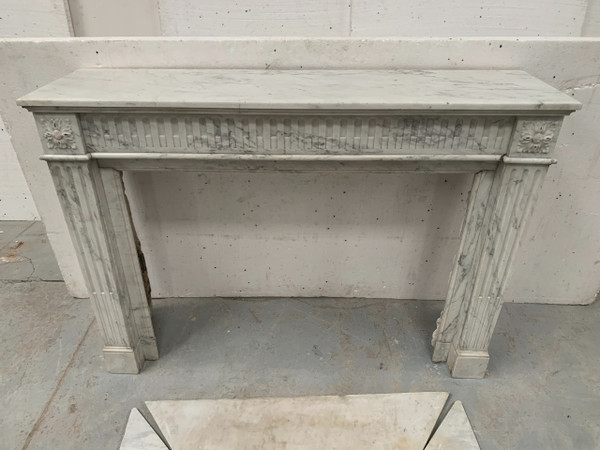 Louis XVI Style Fireplace in White Veined Carrara Marble, 19th Century