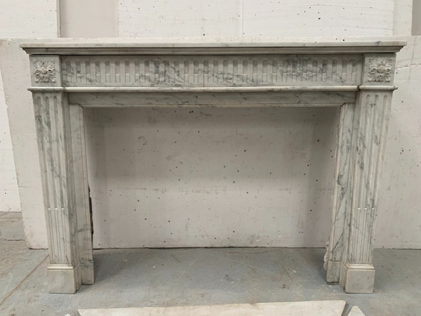 Louis XVI Style Fireplace in White Veined Carrara Marble, 19th Century