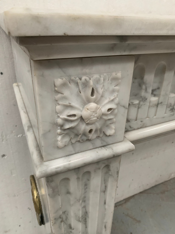 Louis XVI Style Fireplace in White Veined Carrara Marble, 19th Century