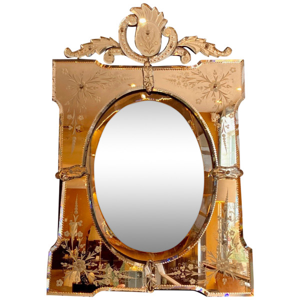 Venice, Murano Island, 1930s, Large Mirror With Engraved And Eglomise Decor.