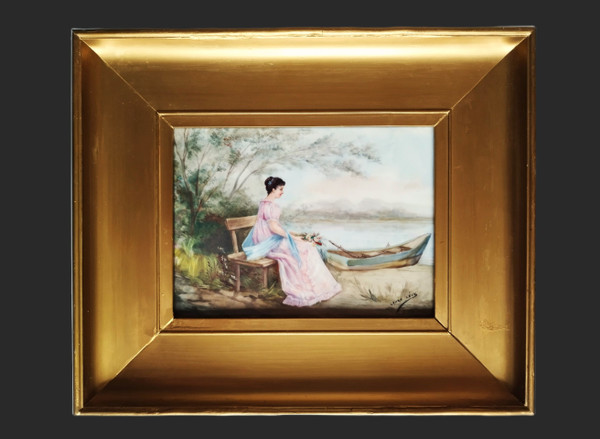 Romantic Landscape Portrait of a Lady Painting On Porcelain By Laure Lévy Limoges Jean Pouyat 