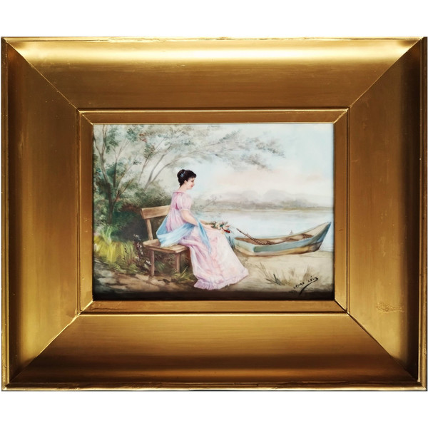 Romantic Landscape Portrait of a Lady Painting On Porcelain By Laure Lévy Limoges Jean Pouyat 