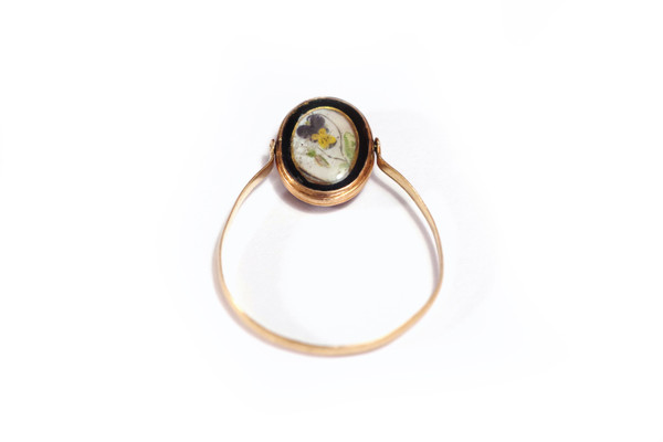 Anello con ritratto girevole del XVIII secolo in oro 18 carati, fiore, ritratto di signora, anello di sistema