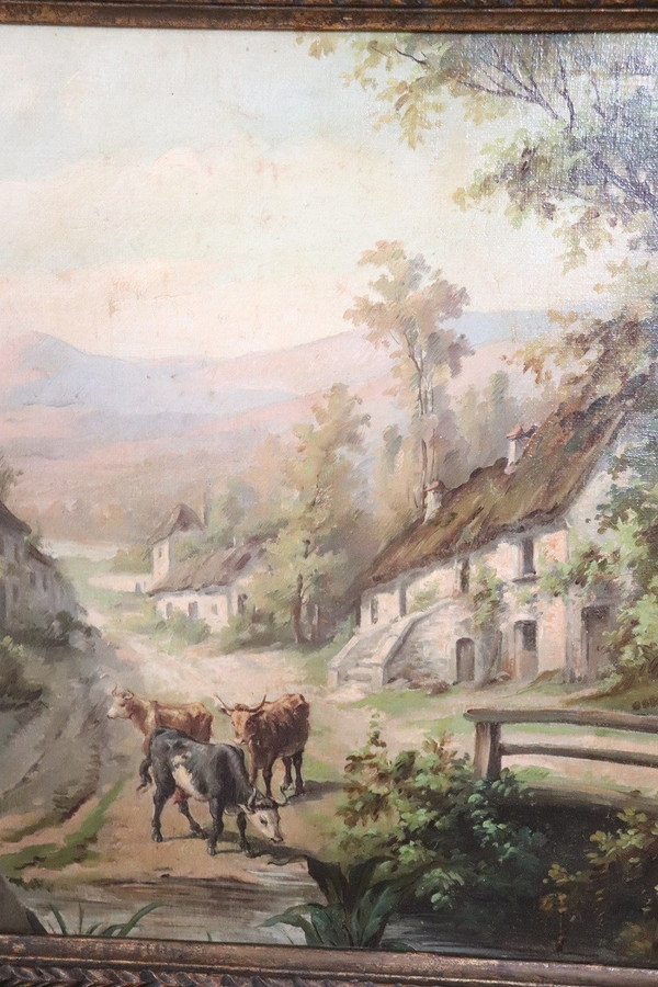 Country Town Landscape, 1890, Oil Painting on Canvas, Framed, Set of 2