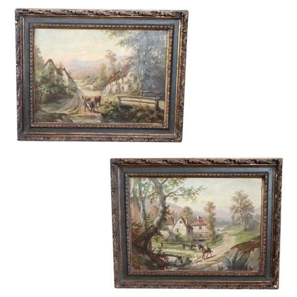 Country Town Landscape, 1890, Oil Painting on Canvas, Framed, Set of 2