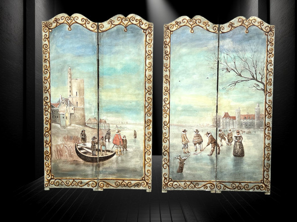 PAIR OF 2-LEAF FOLDING SCREENS / NORTHERN SCHOOL / PAINTED CANVAS "THE SKATERS