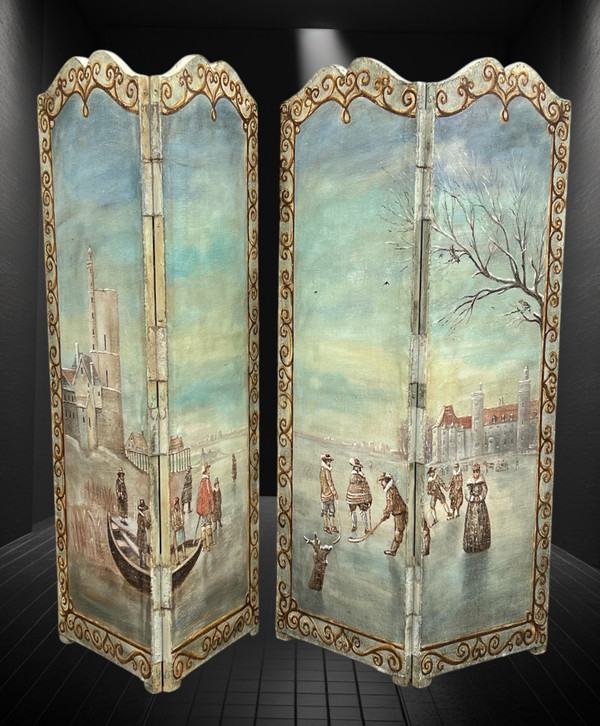 PAIR OF 2-LEAF FOLDING SCREENS / NORTHERN SCHOOL / PAINTED CANVAS "THE SKATERS