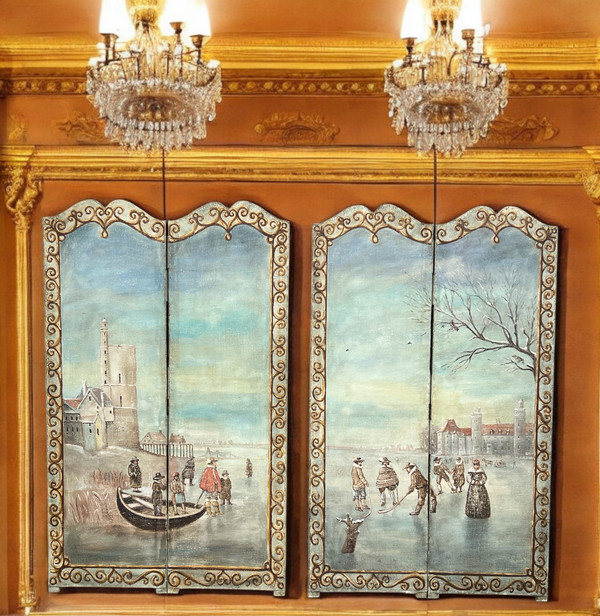 PAIR OF 2-LEAF FOLDING SCREENS / NORTHERN SCHOOL / PAINTED CANVAS "THE SKATERS