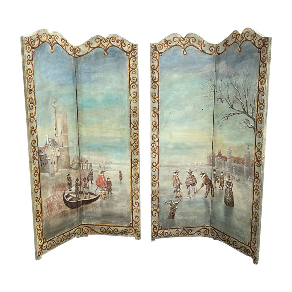 PAIR OF 2-LEAF FOLDING SCREENS / NORTHERN SCHOOL / PAINTED CANVAS "THE SKATERS