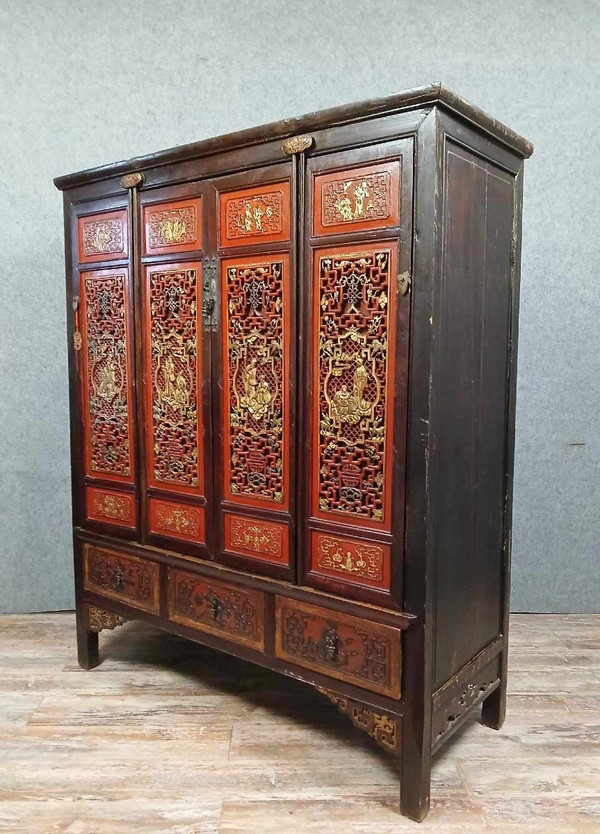 Credenza cinese in lacca rossa della fine del XIX secolo della dinastia Qing