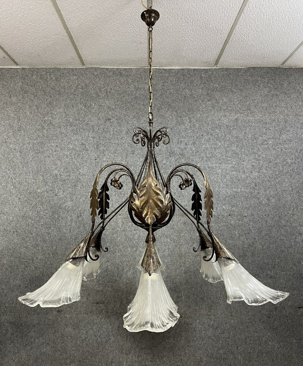 Art Deco chandelier in patinated hammered metal / Height 170 x 162 cm