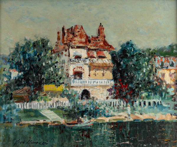 Mério Ameglio (1897-1970) Bords de Marne oil on canvas circa 1963