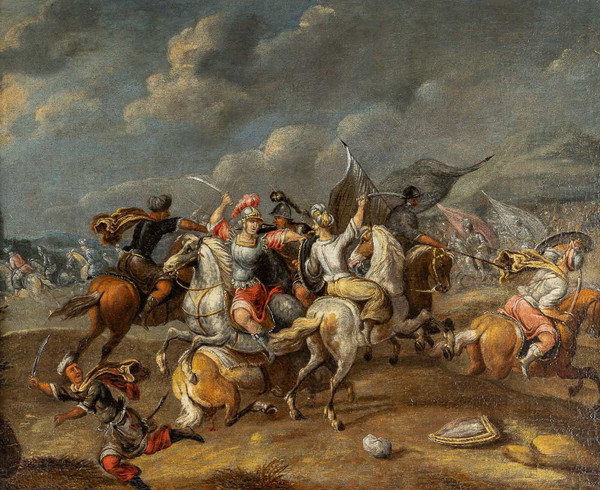 Atelier de Philips Wouwerman (1619-1668) Combat de cavalerie entre Orientaux et Impériaux huile sur 