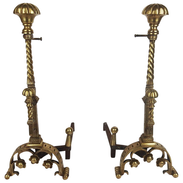 Pair of neo-Gothic bronze andirons