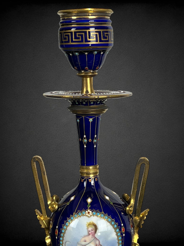 EXCEPTIONAL PAIR OF ENAMELLED BRONZE CANDLESTICKS ATTRIBUTED TO ALPHONSE GIROUX