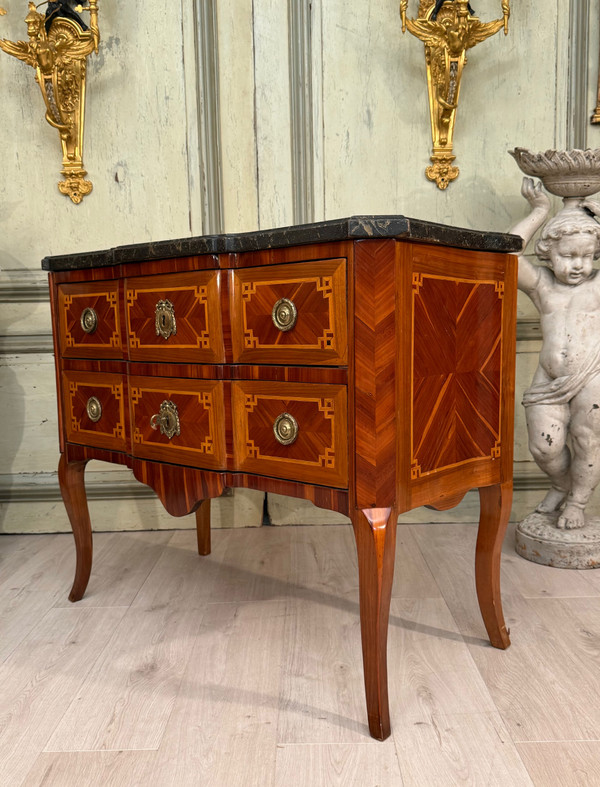 Transitional Marquetry Sauteuse Chest of Drawers Circa 1760