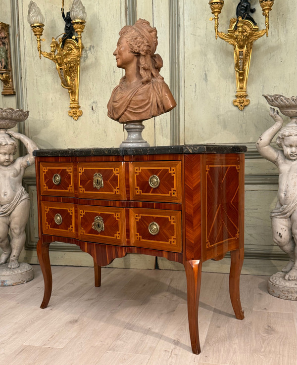 Transitional Marquetry Sauteuse Chest of Drawers Circa 1760