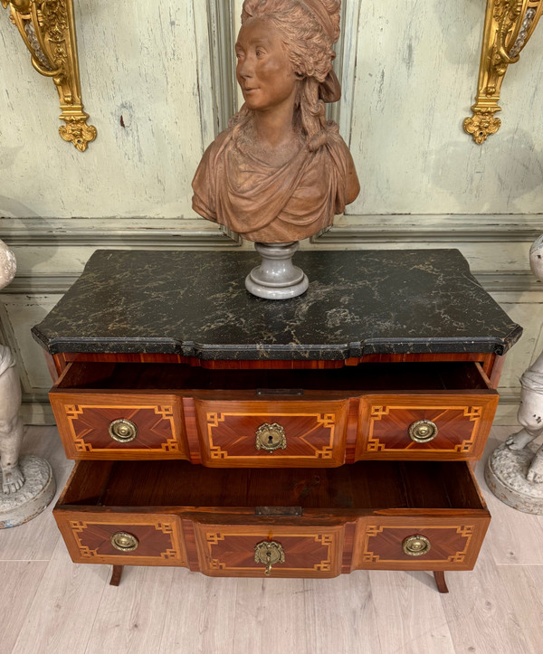 Transitional Marquetry Sauteuse Chest of Drawers Circa 1760