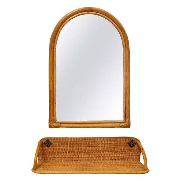 1960s Gorgeous Bamboo and Rattan Mirror and Console. Made in Italy