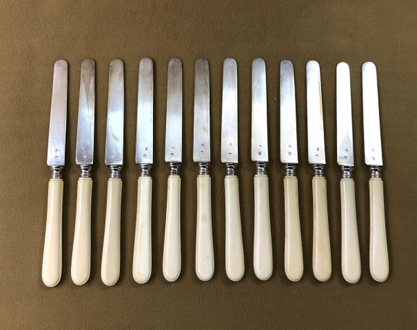 set of 12 solid silver MINERVE fruit knives with ivory handles 19th century