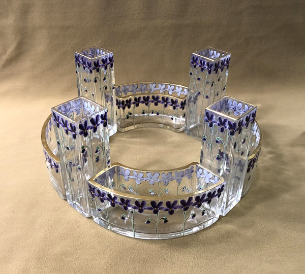 LEGRAS modular table center ART NOUVEAU in enamelled crystal Bouquetière Pique Fleurs Vases