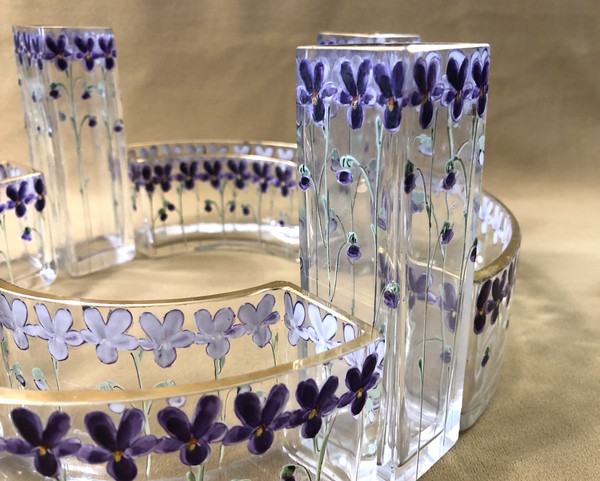 LEGRAS modular table center ART NOUVEAU in enamelled crystal Bouquetière Pique Fleurs Vases