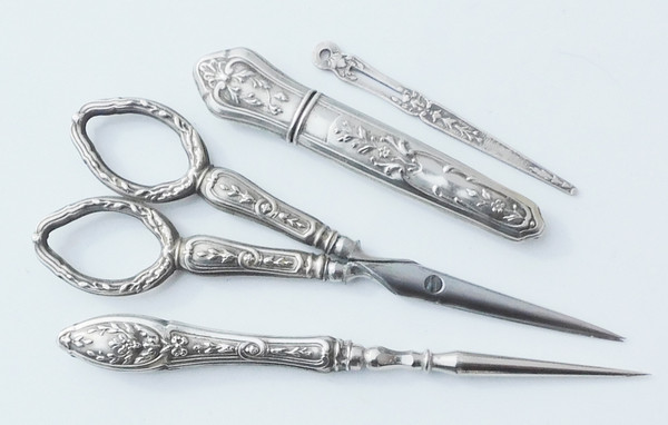 Antique Silver Sewing Box Set, 19th Century, Scissors, Thimble, Sewing Awl