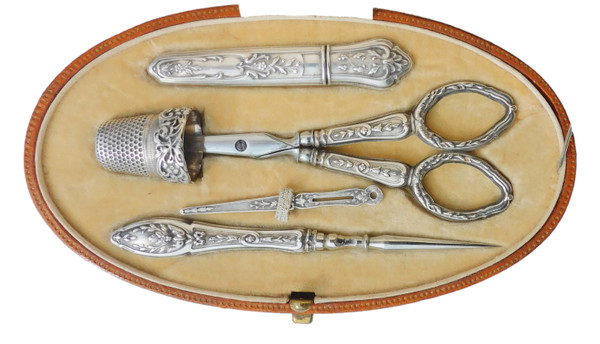 Antique Silver Sewing Box Set, 19th Century, Scissors, Thimble, Sewing Awl