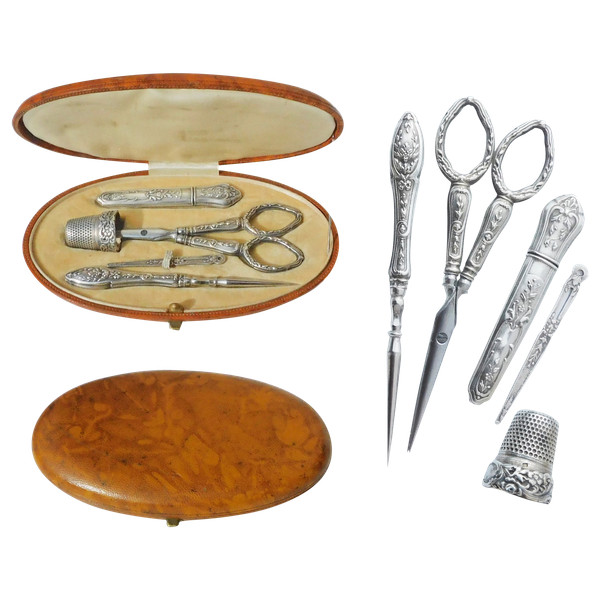 Antique Silver Sewing Box Set, 19th Century, Scissors, Thimble, Sewing Awl