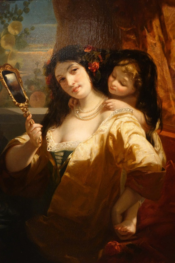 "giovane donna con uno specchio", olio su tela, cap. Louis Muller (1815-1892)