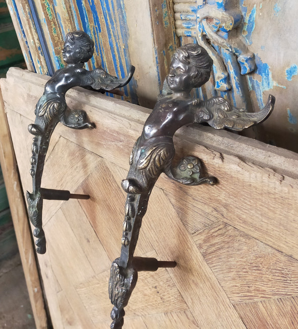 Pair of Antique Door Pull Handles Angel Cherub Putti Oak Ironwork