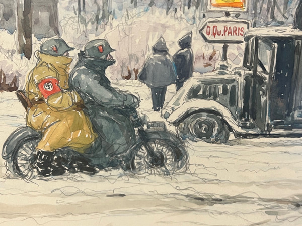 dipinto ad acquerello di Gaston Le BEUZE XX secolo Parigi occupata sotto la neve nel 1941 