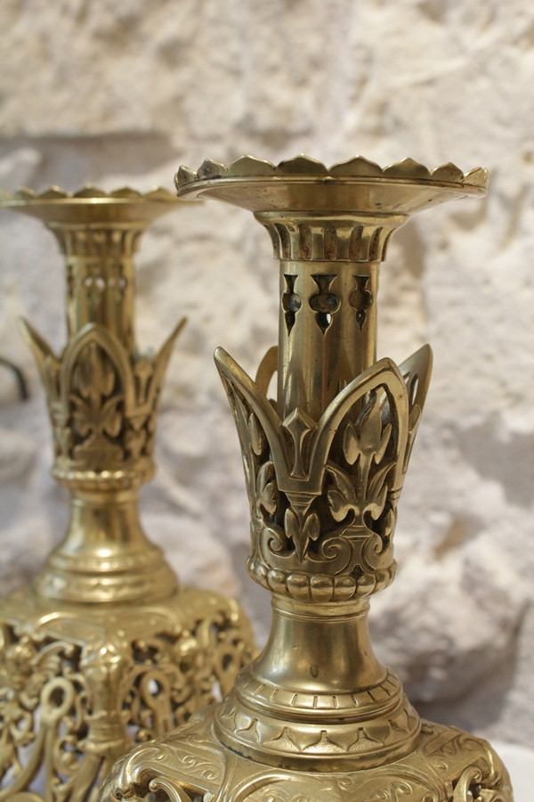 Pair of openwork gilt bronze candlesticks with fine interlacing decoration, late 19th century