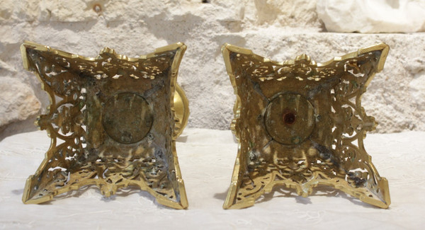 Pair of openwork gilt bronze candlesticks with fine interlacing decoration, late 19th century