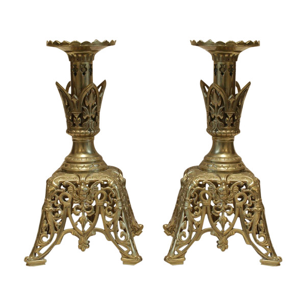 Pair of openwork gilt bronze candlesticks with fine interlacing decoration, late 19th century