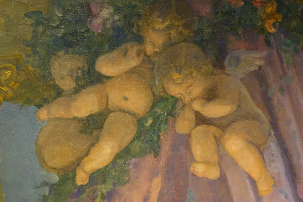 "Cupid's Sleep", very large oil on canvas , A.M. RAYNOLT, About 1925-1930