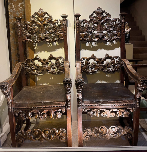 Very Large Pair Of Armchairs , Italy, Tuscany, 17th c.