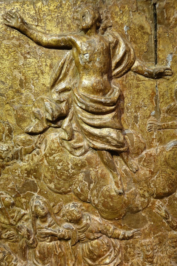 l'Ascension Du Christ, Bas-relief En Bois Doré, 17e S. Flandres?