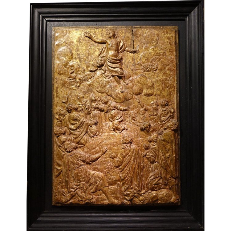 l'Ascension Du Christ, Bas-relief En Bois Doré, 17e S. Flandres?