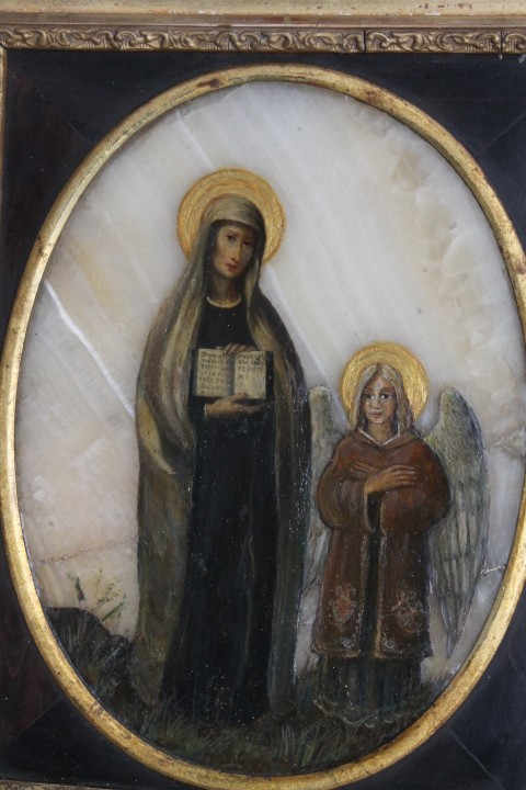 Ancient 17th century painting of Santa Francesca Romana and Angel. Oil on onyx. Size 30 x 25 Frame