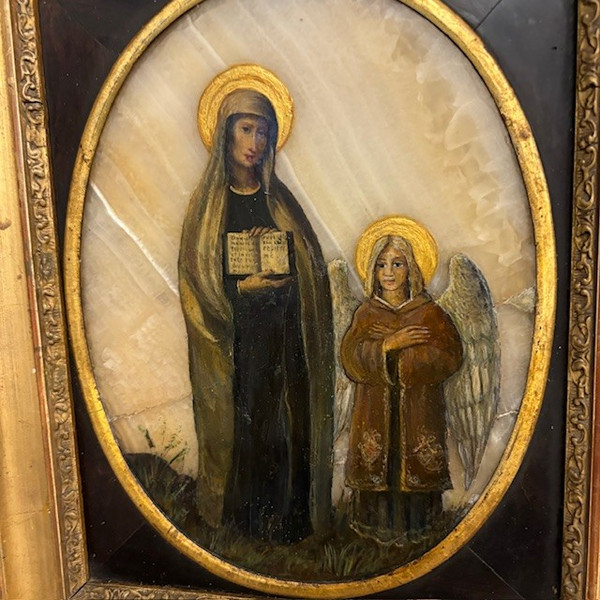 Ancient 17th century painting of Santa Francesca Romana and Angel. Oil on onyx. Size 30 x 25 Frame