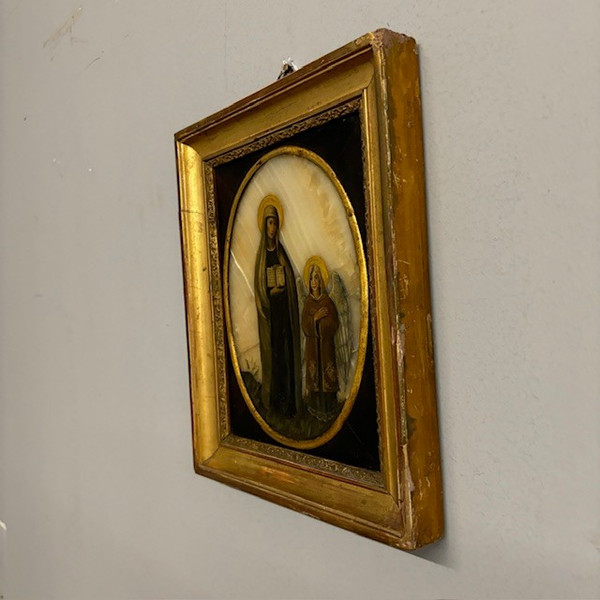 Ancient 17th century painting of Santa Francesca Romana and Angel. Oil on onyx. Size 30 x 25 Frame