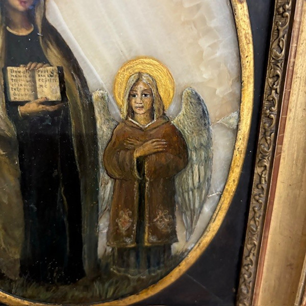 Ancient 17th century painting of Santa Francesca Romana and Angel. Oil on onyx. Size 30 x 25 Frame