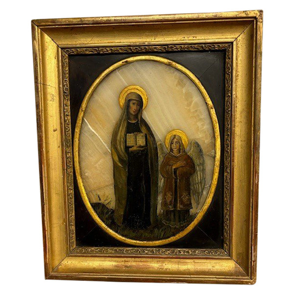 Ancient 17th century painting of Santa Francesca Romana and Angel. Oil on onyx. Size 30 x 25 Frame