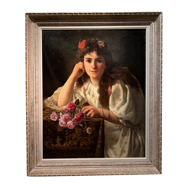 Portrait of a young girl with a bouquet of roses, V. HUGON, 1896