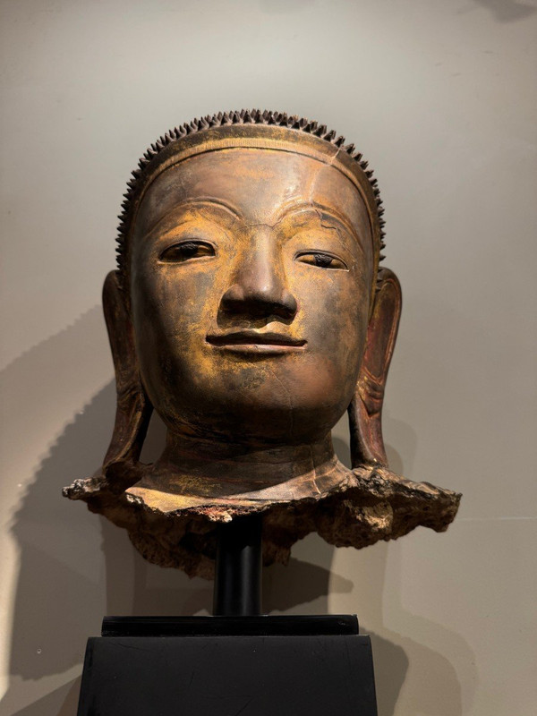 Large gilded terracotta Buddha head, Burma, Shan states, late 18th century.