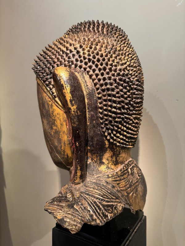 Large gilded terracotta Buddha head, Burma, Shan states, late 18th century.