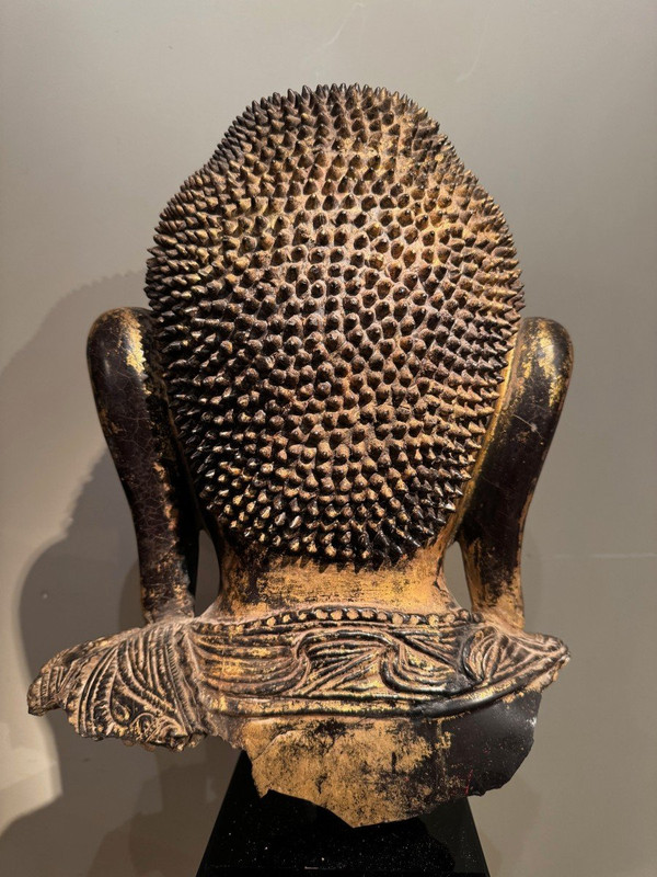 Large gilded terracotta Buddha head, Burma, Shan states, late 18th century.